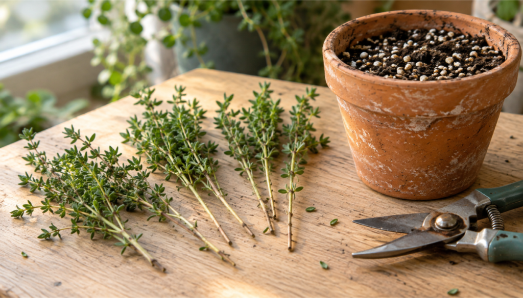 Fresh thyme cuttings beside a small terracotta pot and garden snips on a wooden table