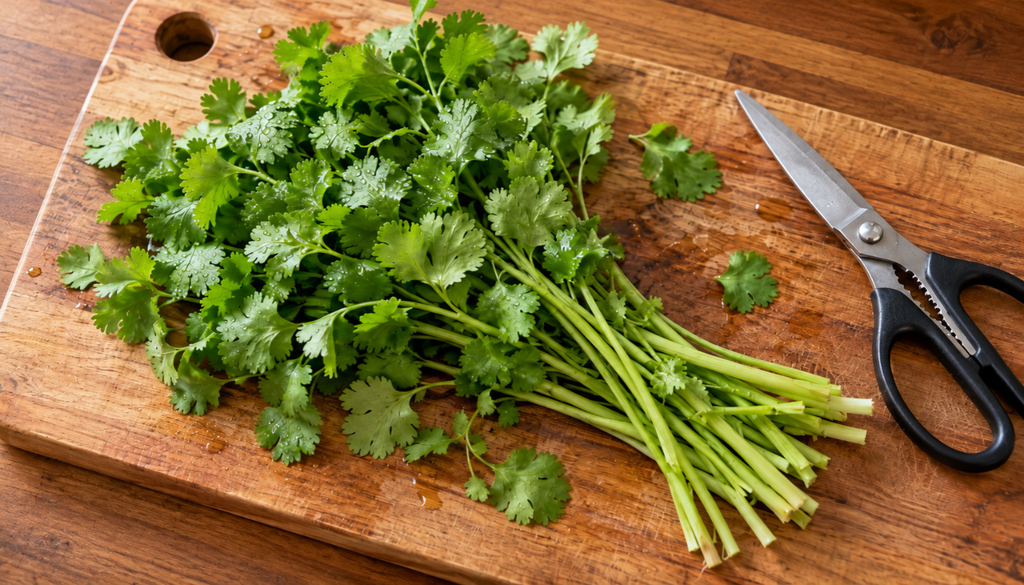 Freshly cut cilantro stems on a wooden board with scissors