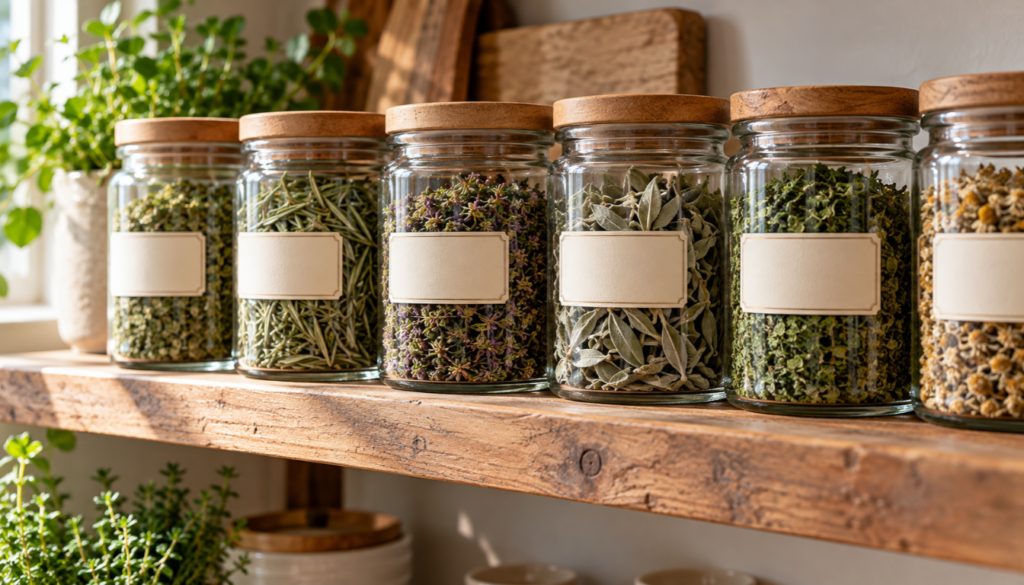Herb jars filled with dried herbs on a wooden kitchen shelf