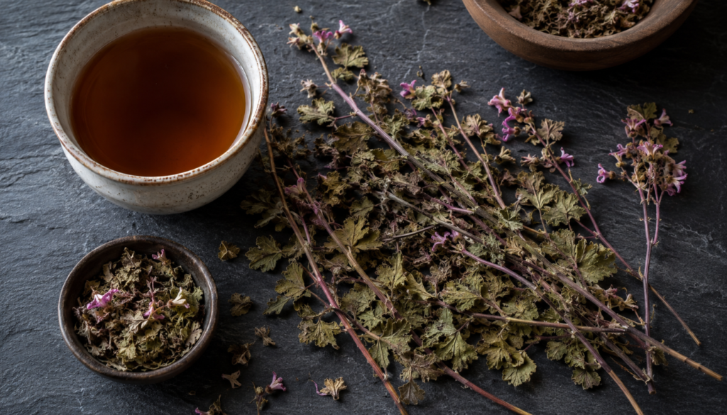 dried herb robert leaves and tea preparation on dark 
slate surface