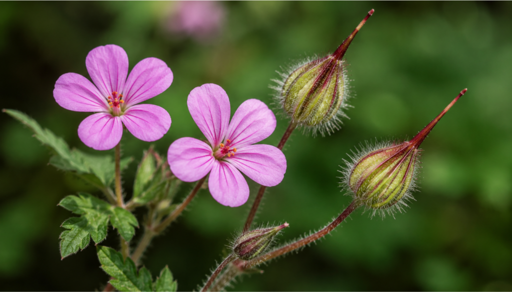 herb robert pink flowers and beak shaped seedpods 
close up