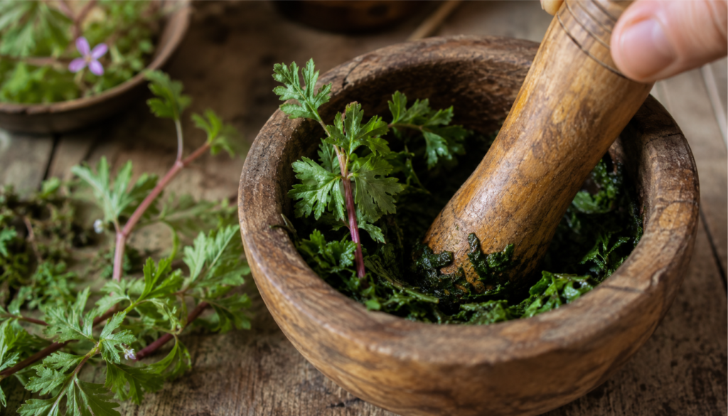 fresh herb robert leaves being prepared as herbal 
poultice in mortar and pestle