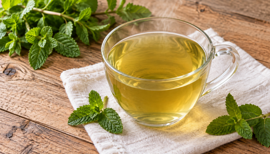 Glass cup of herbal mint tea with fresh mint leaves on a white linen napkin