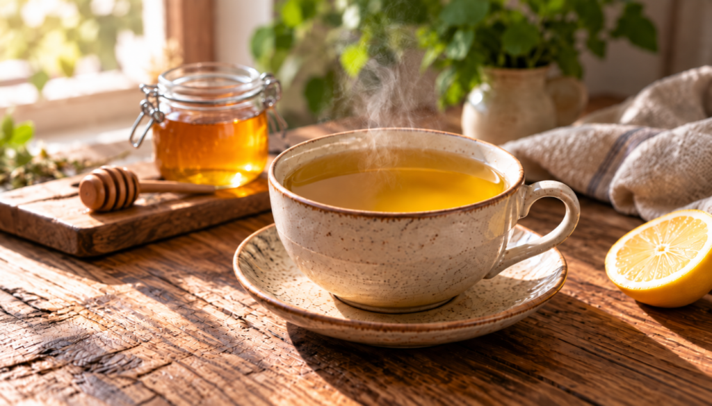 A cup of herbal tea garnished with chamomile flowers and mint leaves