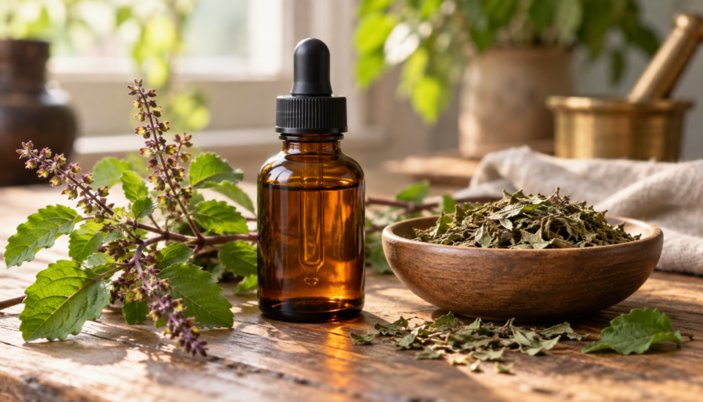 Amber dropper bottle of holy basil tincture beside dried and fresh tulsi leaves