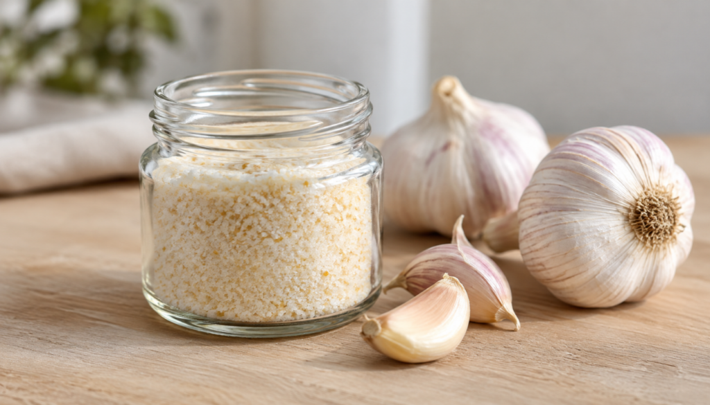 Glass jar of homemade garlic salt beside garlic bulbs on a wooden table