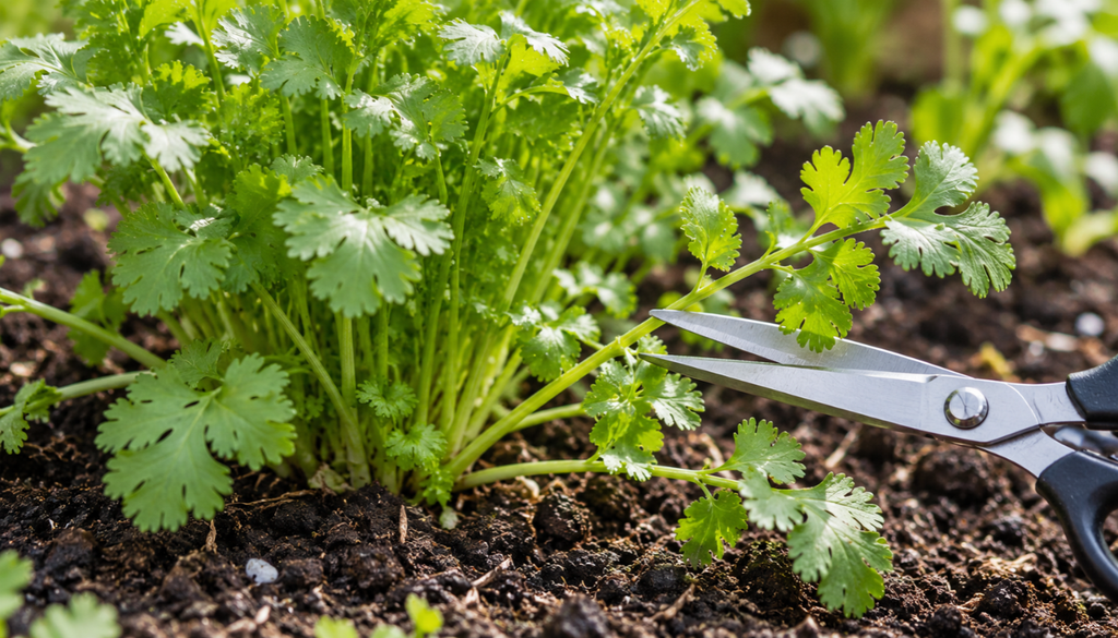 Scissors cutting an outer cilantro stem just above a leaf node