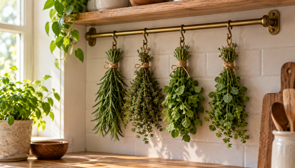 Bunches of herbs hanging to dry, showing how to dry herbs at home