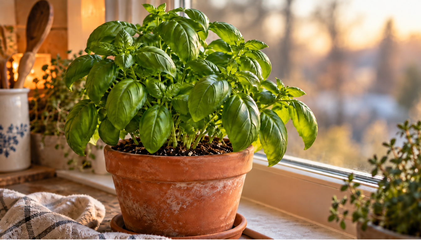 Bushy basil plant in a terracotta pot on a sunny kitchen windowsill in winter