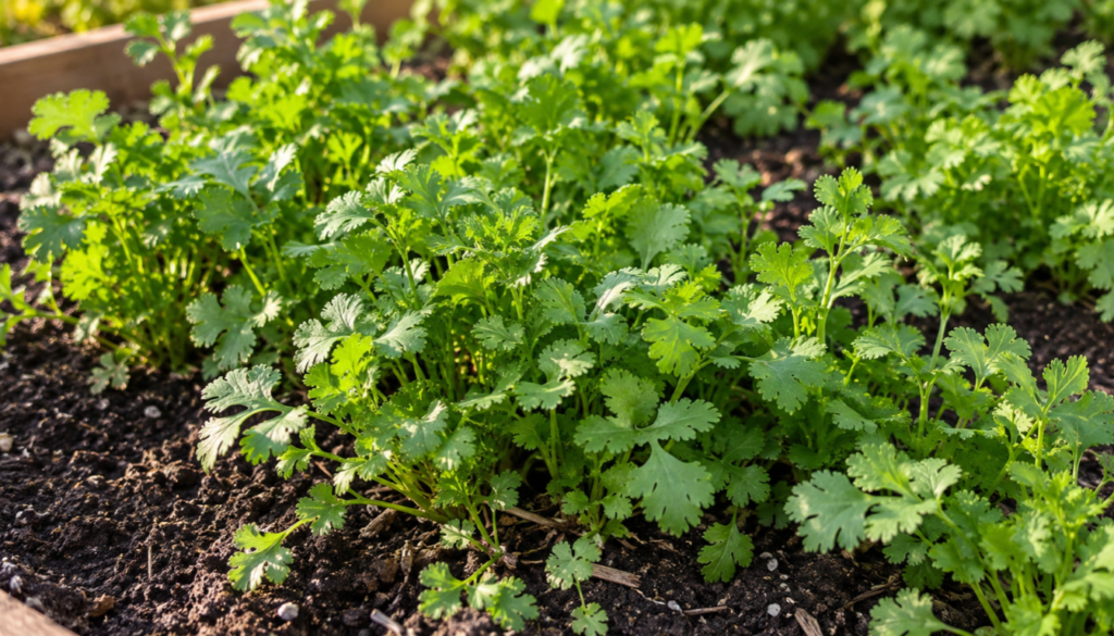 Healthy cilantro plants growing in a garden bed