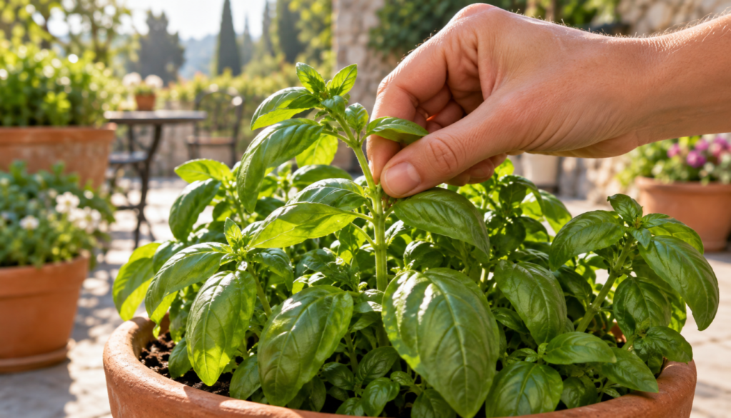 Hand pinching a basil stem just above a leaf node to harvest