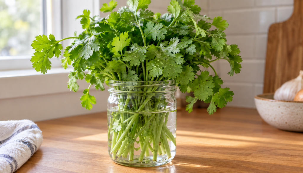 Fresh cut cilantro stems standing in a jar of water