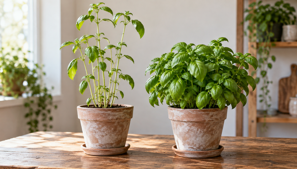 Leggy basil plant next to a bushy, well-pruned basil plant