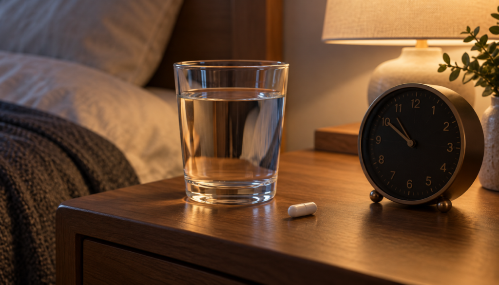 Melatonin supplement capsules on a nightstand in a softly lit bedroom