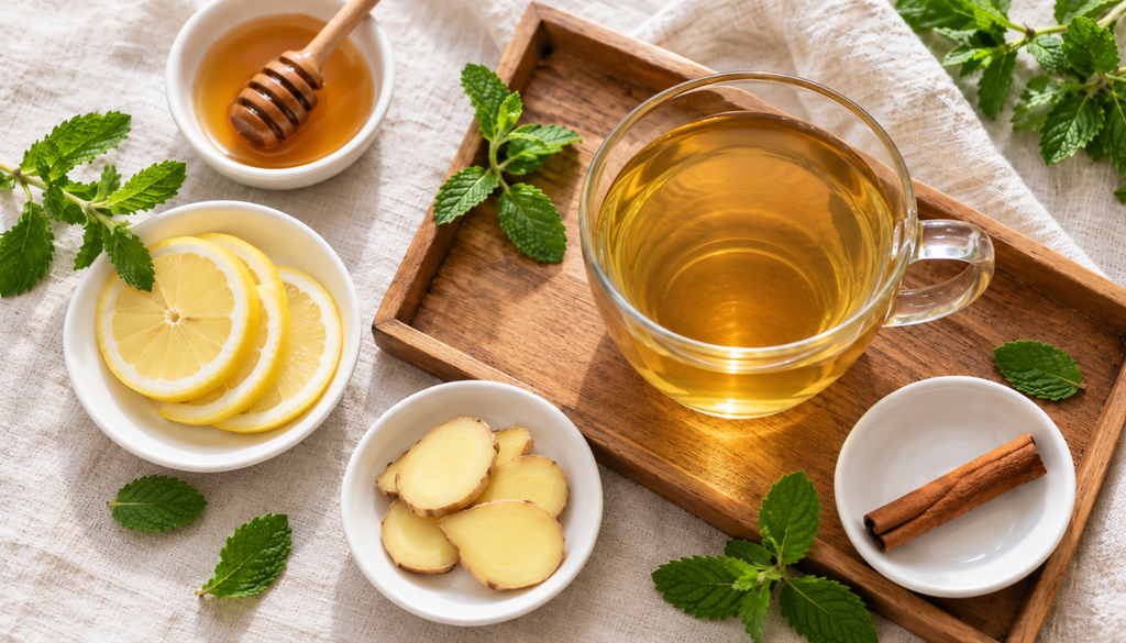Cup of mint tea surrounded by honey, lemon slices, fresh ginger and a cinnamon stick