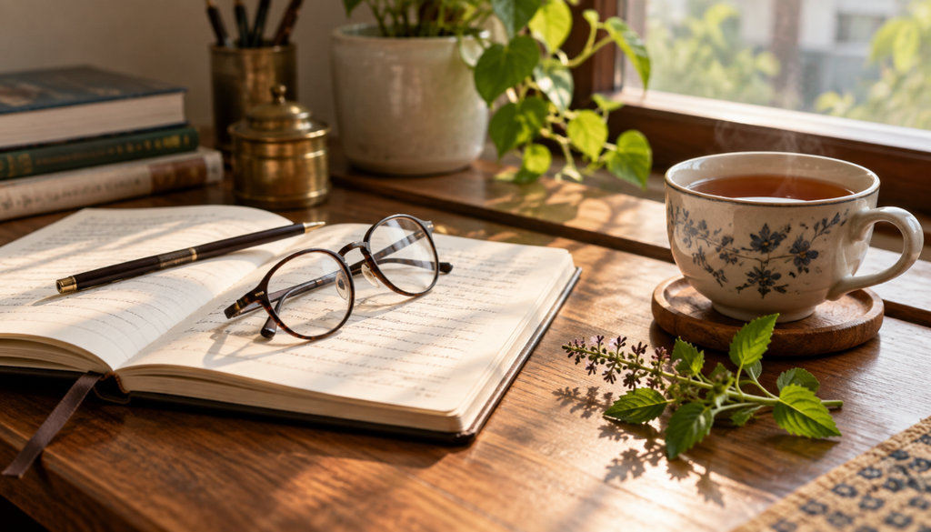 Notebook and a tulsi sprig on a desk for reading about tulsi research