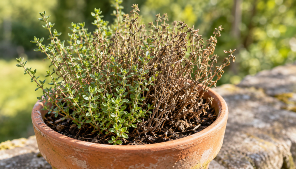 Revive a dried-out thyme plant with brown stems and new green shoots in a terracotta pot