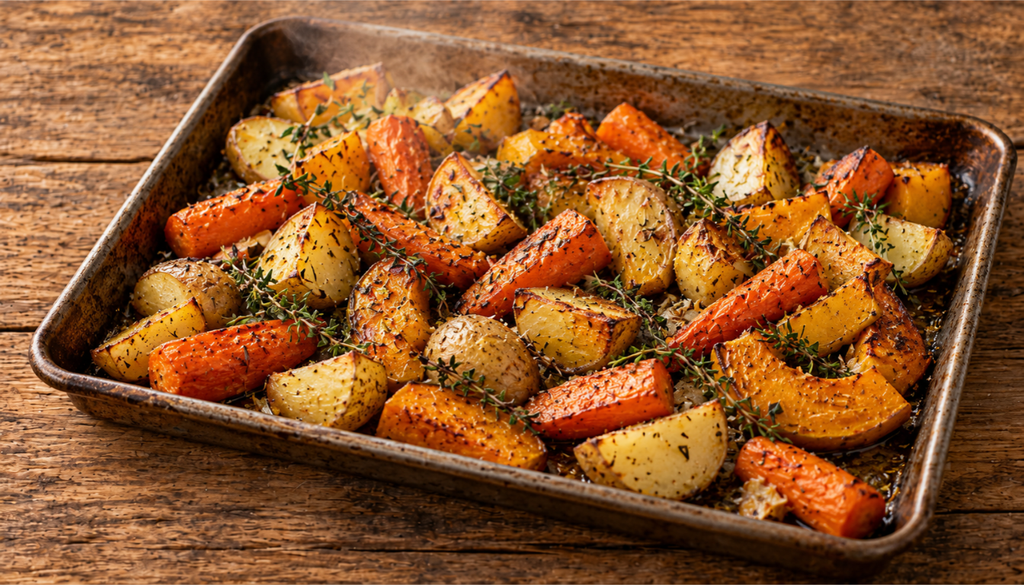Tray of roasted carrots, potatoes and squash with fresh thyme sprigs