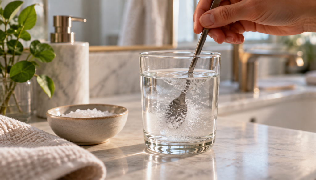 A glass of warm saltwater being prepared for a mouth rinse.