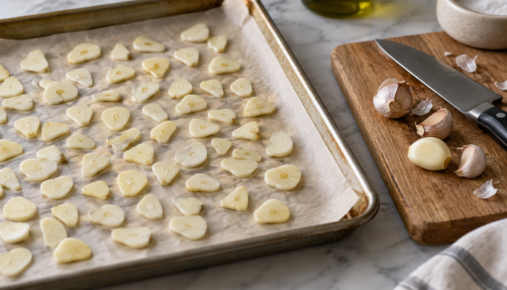 Sliced garlic spread in a single layer on a baking sheet