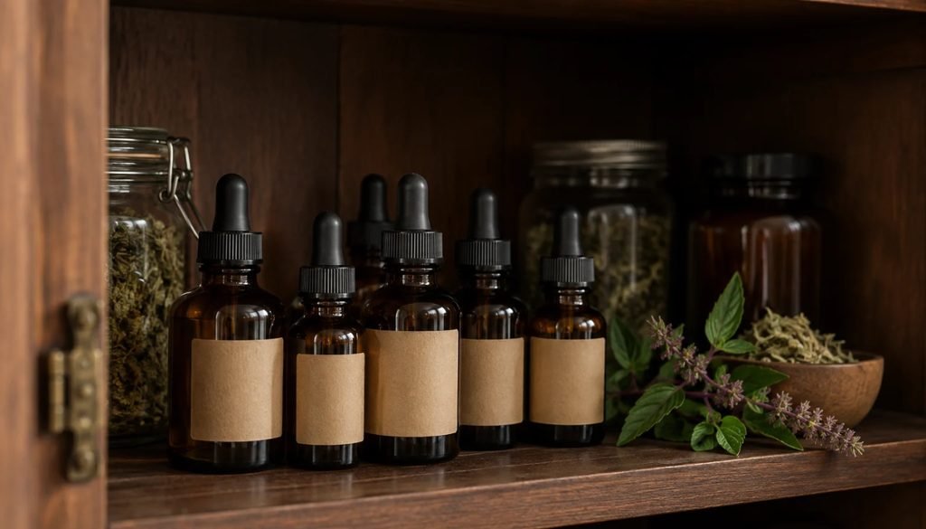 Amber tincture bottles stored in a cool, dark cupboard