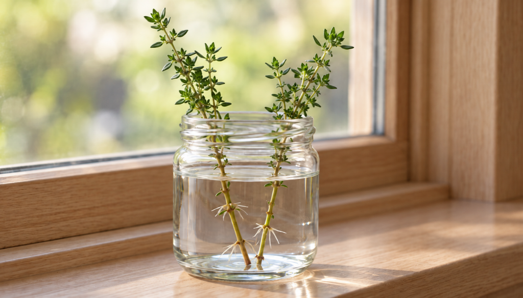 Glass jar of water on a windowsill with two thyme cuttings growing small white roots