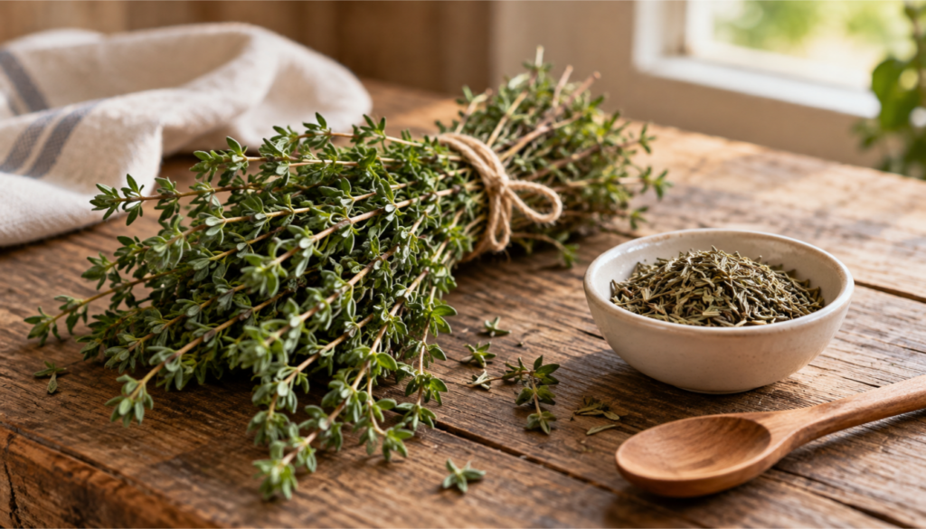 Bunch of fresh thyme sprigs tied with twine beside a bowl of dried thyme on a wooden table