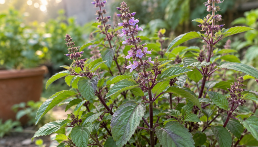 Tulsi holy basil plant with purple stems and lavender flower spikes