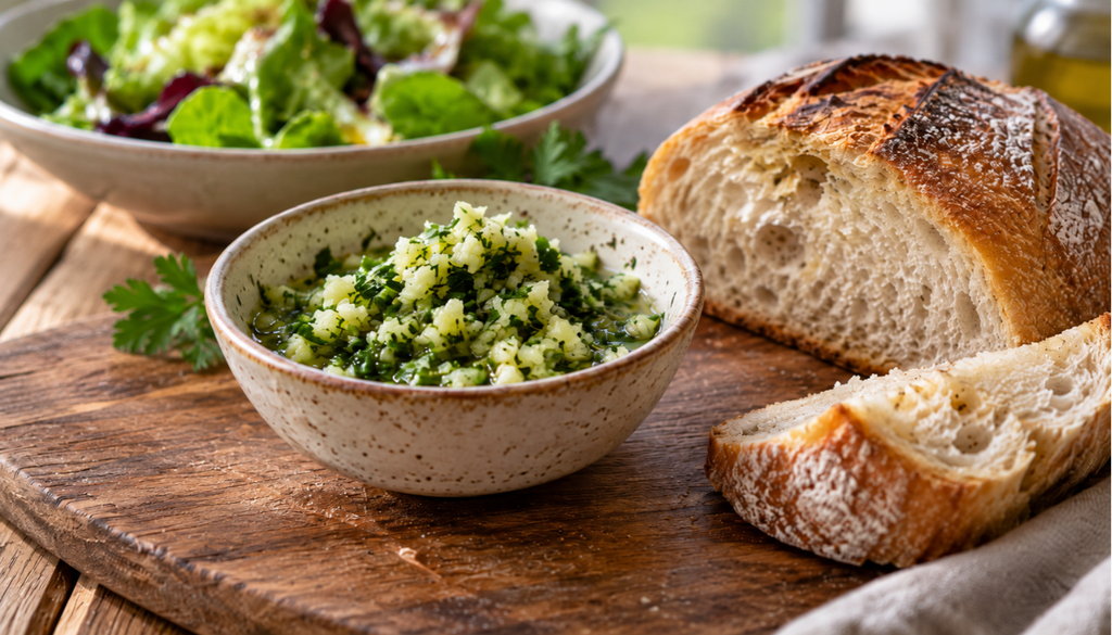 Minced fresh garlic in a bowl beside crusty bread and a green salad