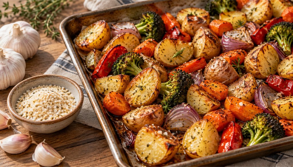 Roasted vegetables on a tray with a small bowl of garlic salt