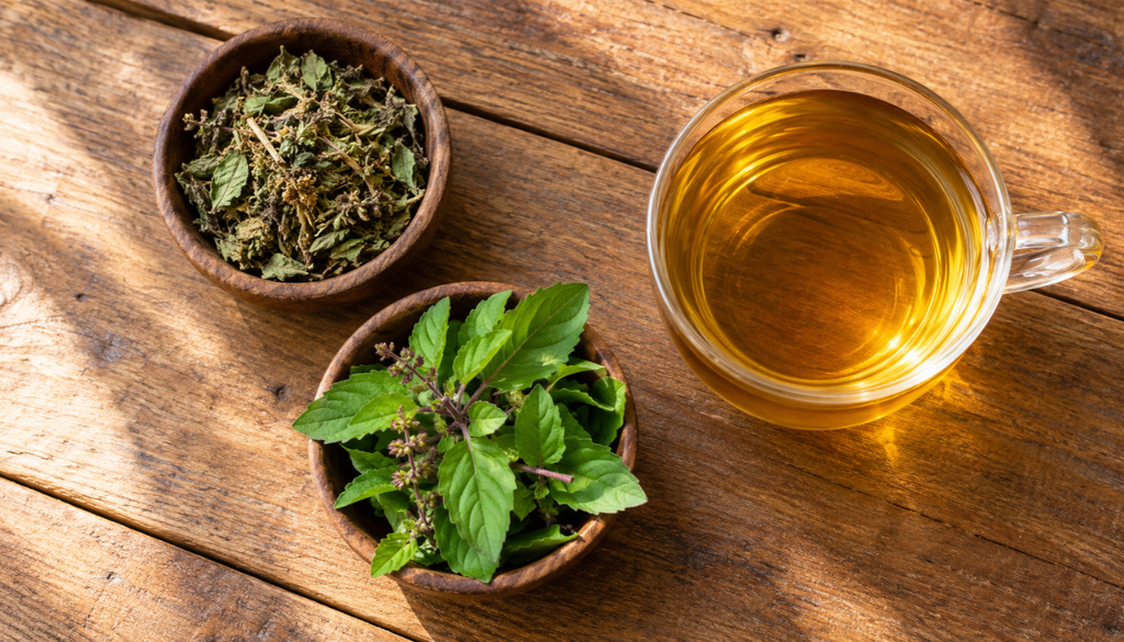 Cup of tulsi tea with bowls of dried and fresh tulsi leaves