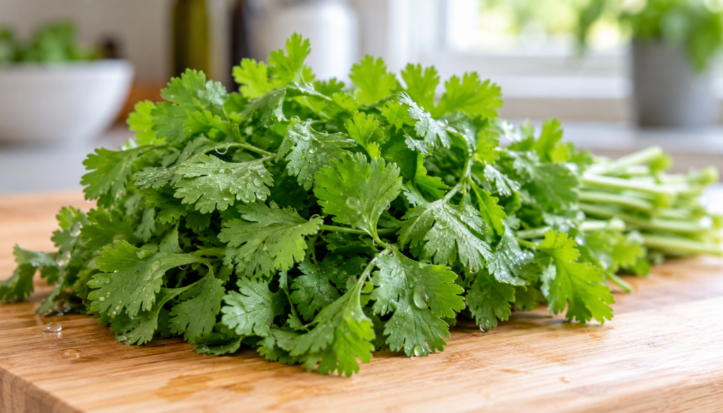 Fresh bunch of cilantro on a wooden kitchen board