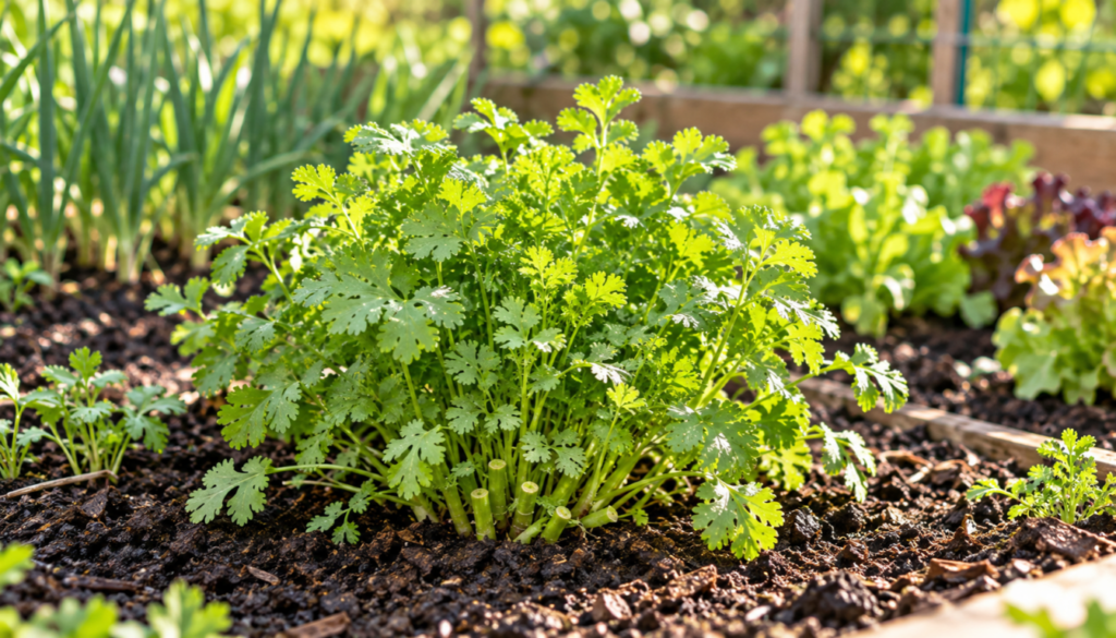 Cilantro plant with new growth after the outer stems were cut