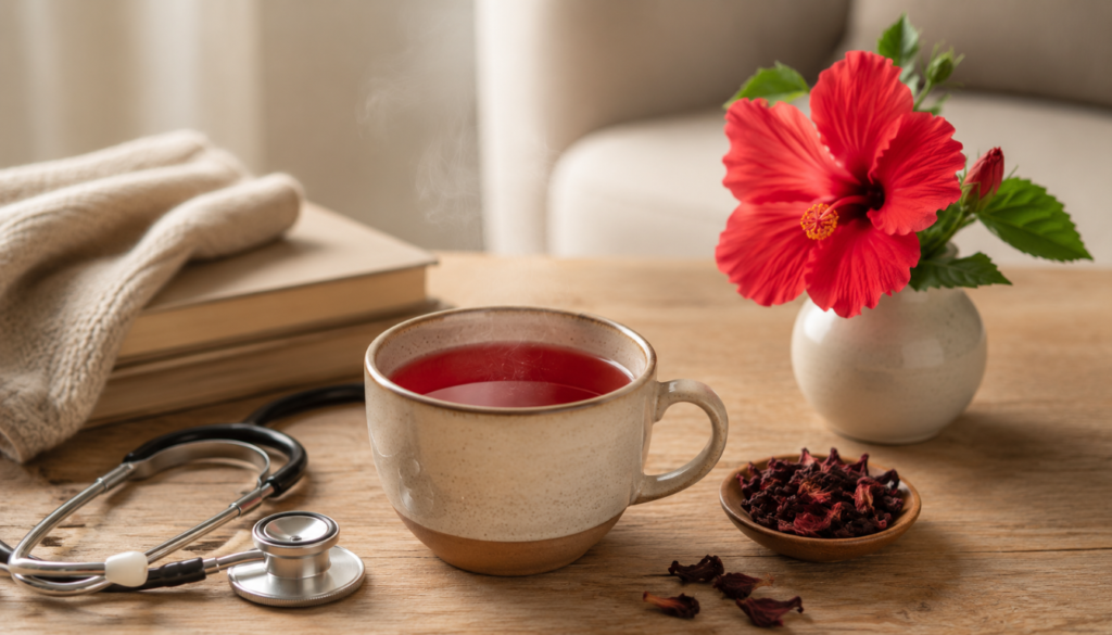 A cup of red hibiscus tea beside a fresh hibiscus flower, dried petals, and a stethoscope on a cozy tabletop.