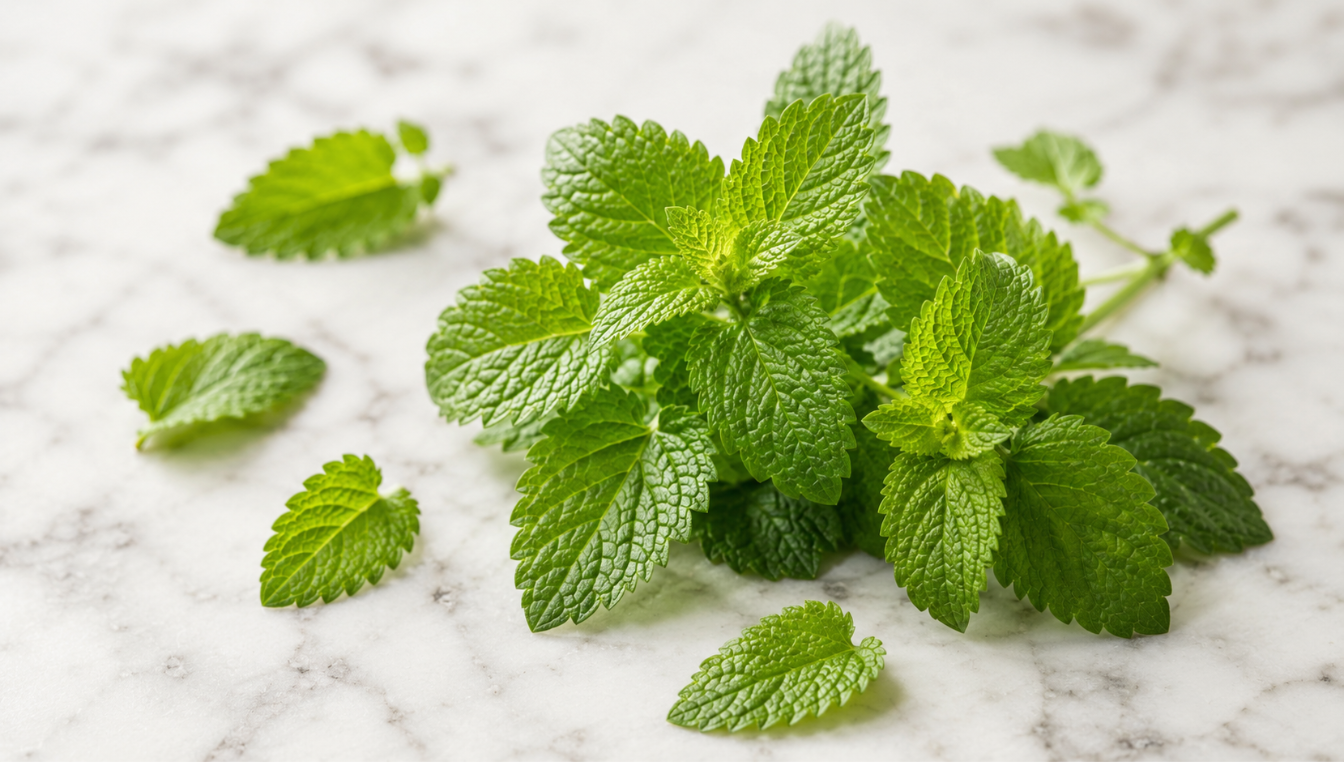 Fresh lemon balm leaves and sprigs scattered on a white marble surface showing the bright green textured appearance of Melissa officinalis