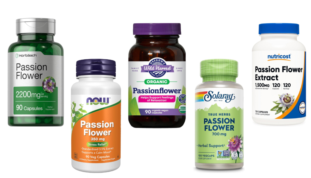 Five bottles of passionflower supplements from different brands arranged side by side, each showing dosage, capsule count, and product labeling.