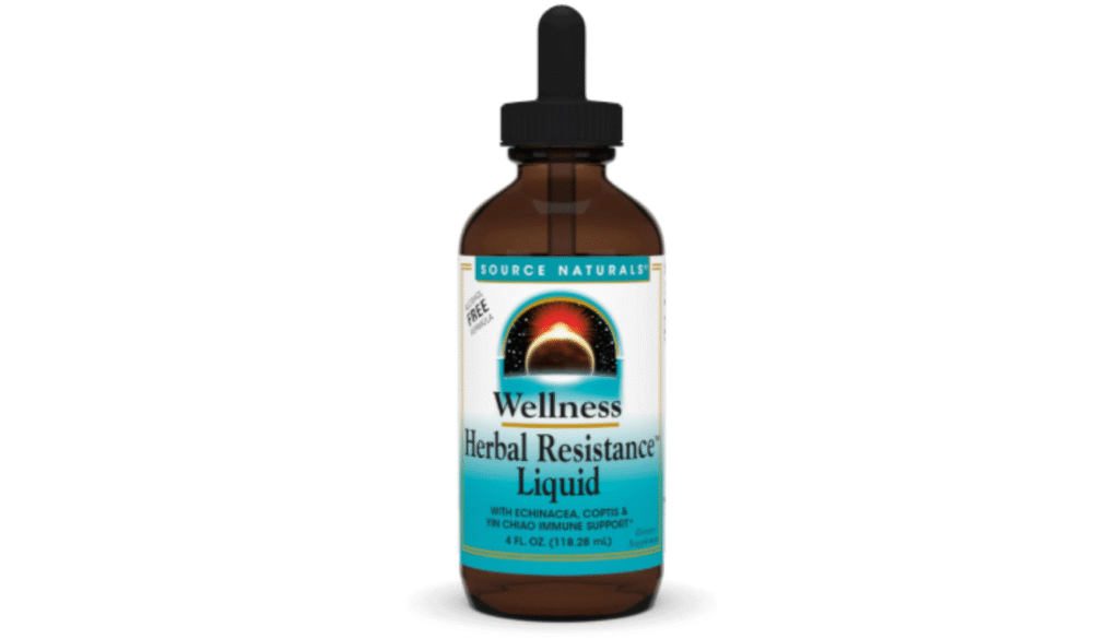 Source Naturals Wellness Herbal Resistance Liquid Alcohol Free bottle, 4 fl oz, with echinacea, coptis, and Yin Chiao immune support.
