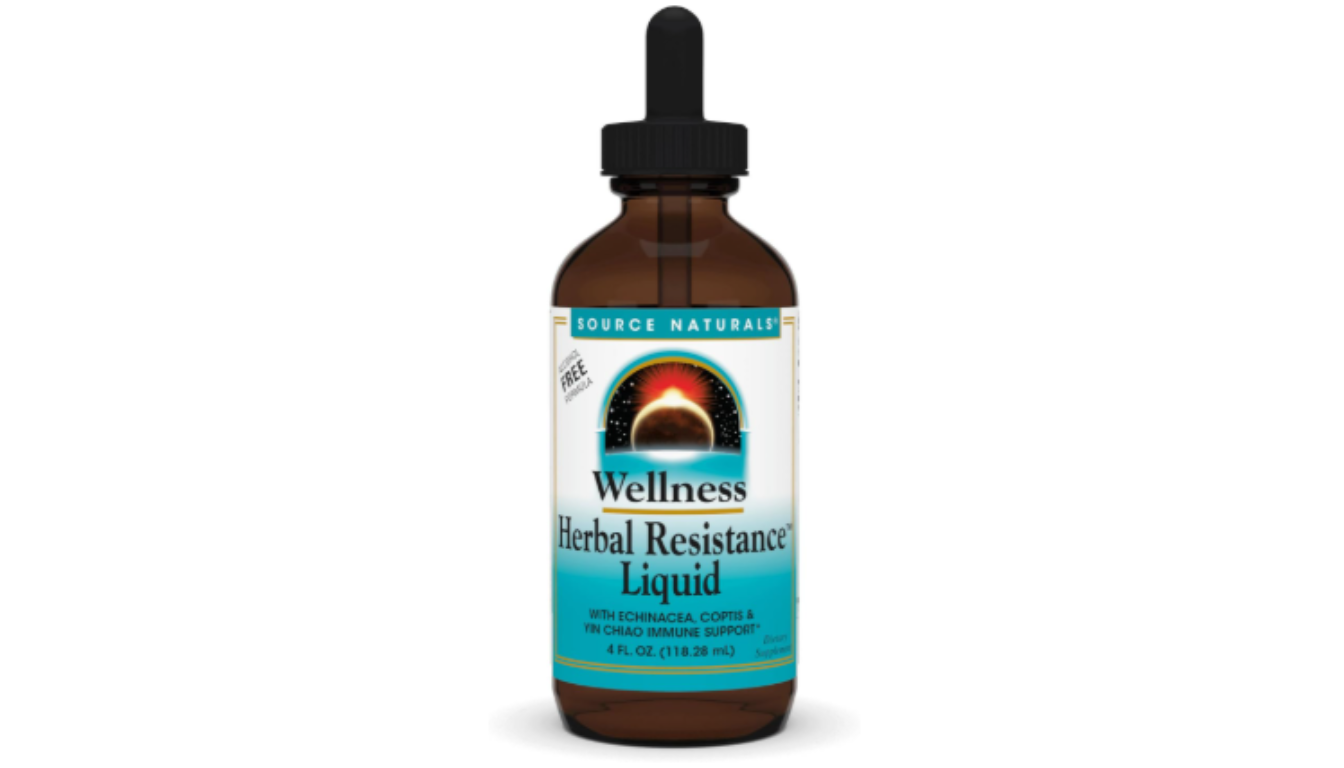 Source Naturals Wellness Herbal Resistance Liquid Alcohol Free bottle, 4 fl oz, with echinacea, coptis, and Yin Chiao immune support.