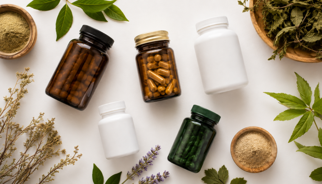 best herbal sleep aids supplement bottles collage flat lay wooden surface natural lighting