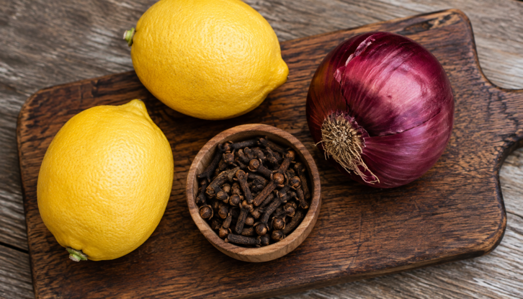Cloves, lemon, and onion arranged together on a wooden cutting board