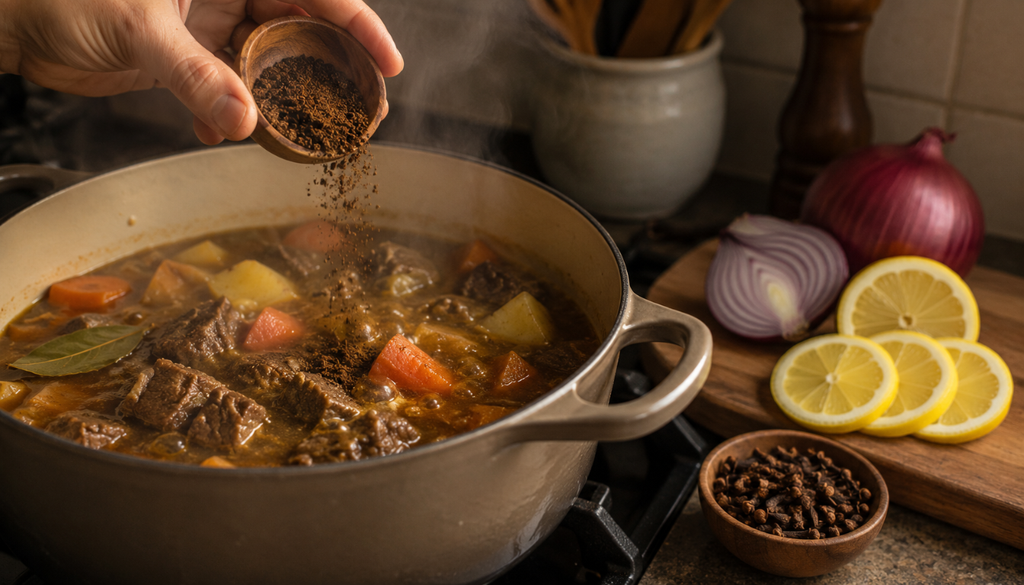 Adding cloves to a simmering stew with onion and lemon nearby