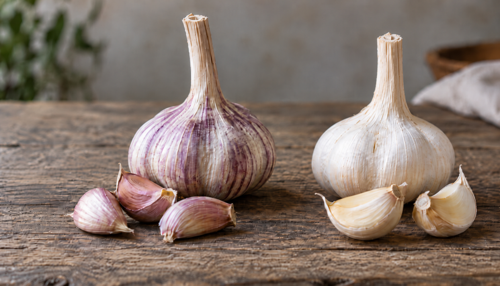 Hardneck garlic with a stiff stem and scape beside softneck garlic with soft braided stems
