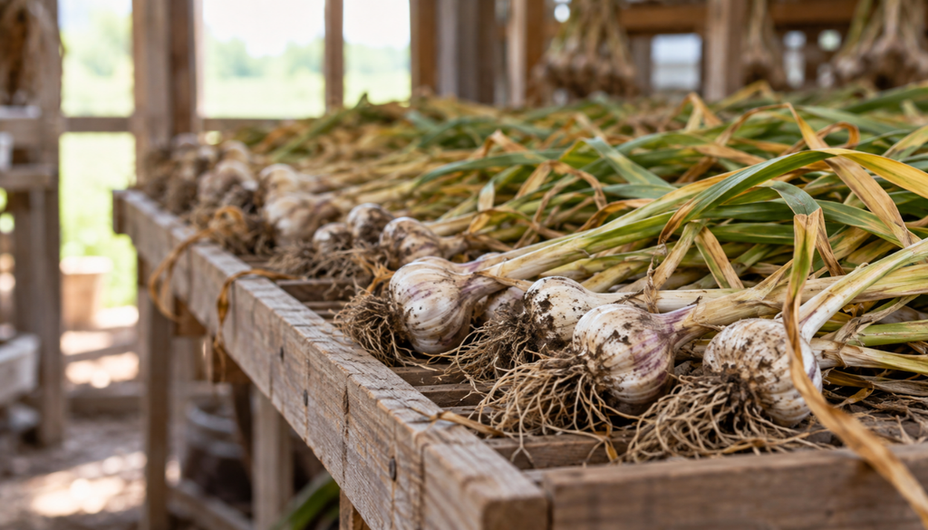 Harvested garlic bulbs drying in a single layer on a wooden rack