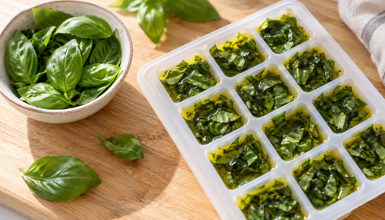 Ice cube tray filled with chopped basil and olive oil ready to freeze