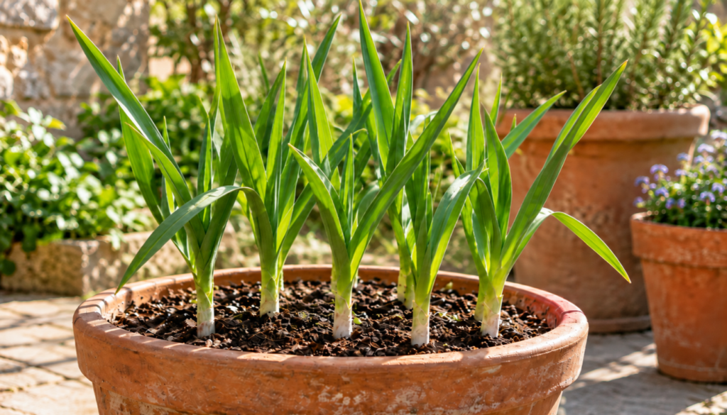 Terracotta pot of young garlic plants growing on a sunny patio