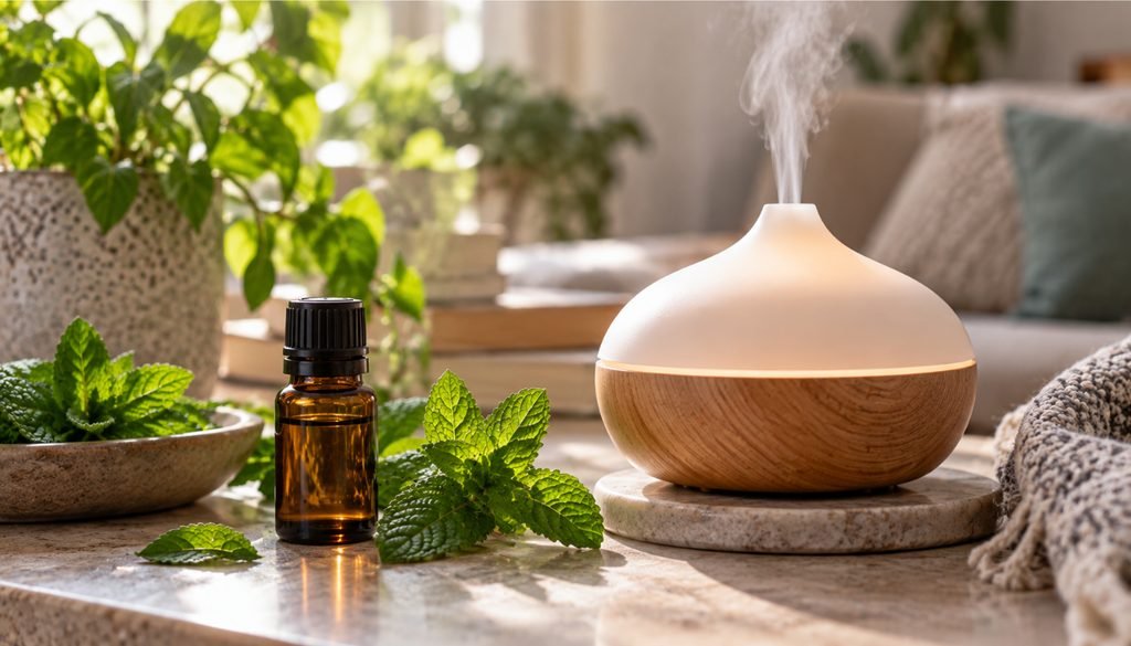 Mint essential oil diffuser releasing mist for aromatherapy