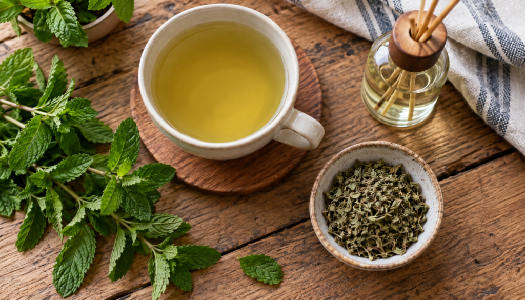 Fresh mint, mint tea, and dried mint arranged together showing different uses
