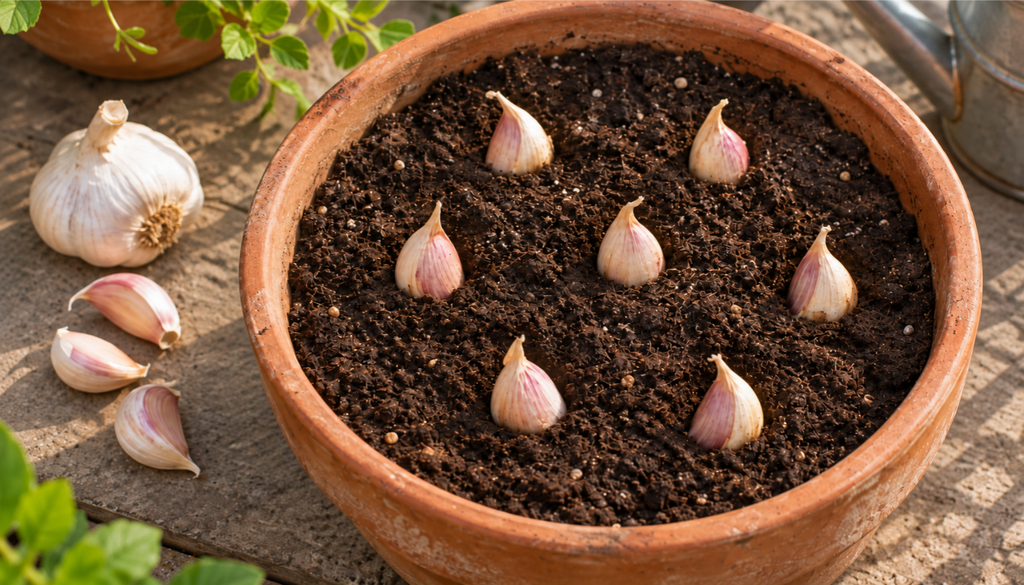 Garlic cloves set pointed end up on compost in a wide pot