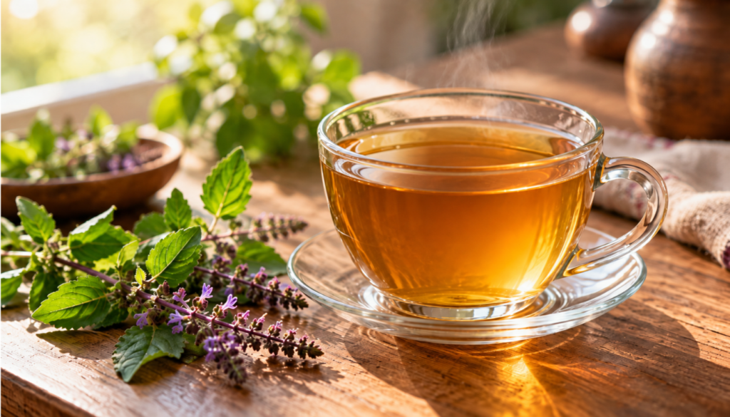 Glass cup of tulsi holy basil tea with fresh tulsi leaves and purple flower spikes