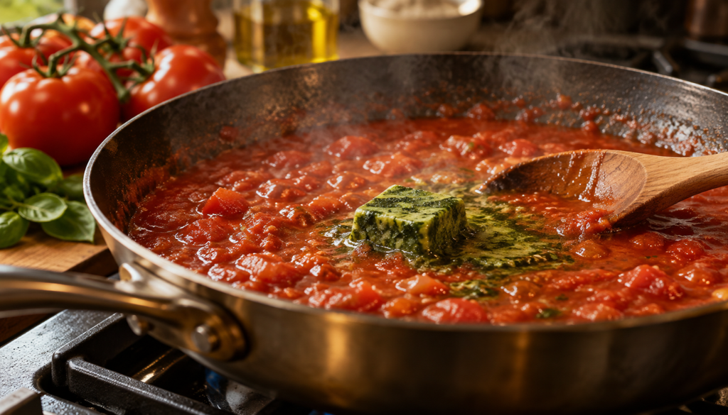 Frozen basil cube added to a pot of tomato sauce